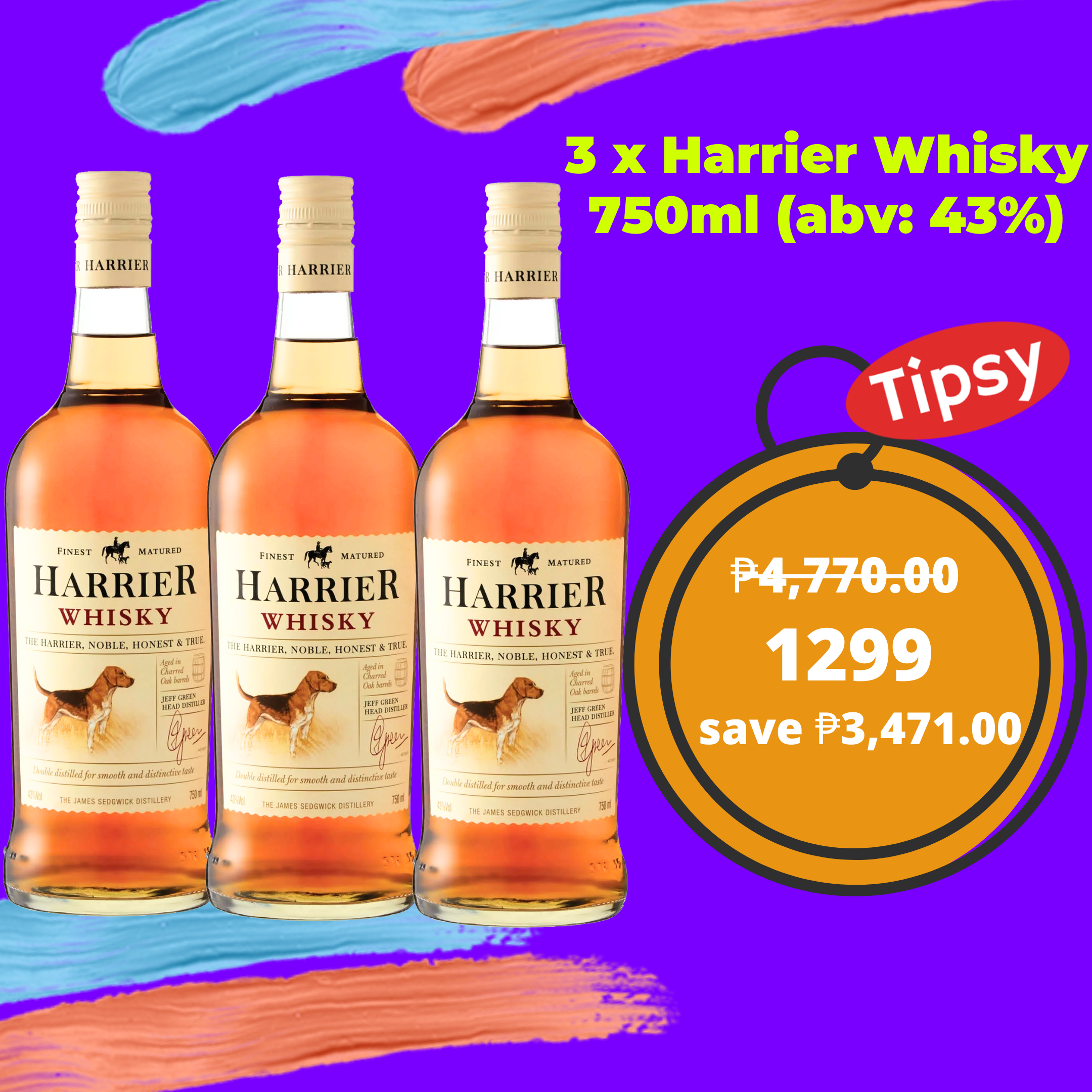 3 x Harrier Whisky 750ml (abv: 43%) Super Sale