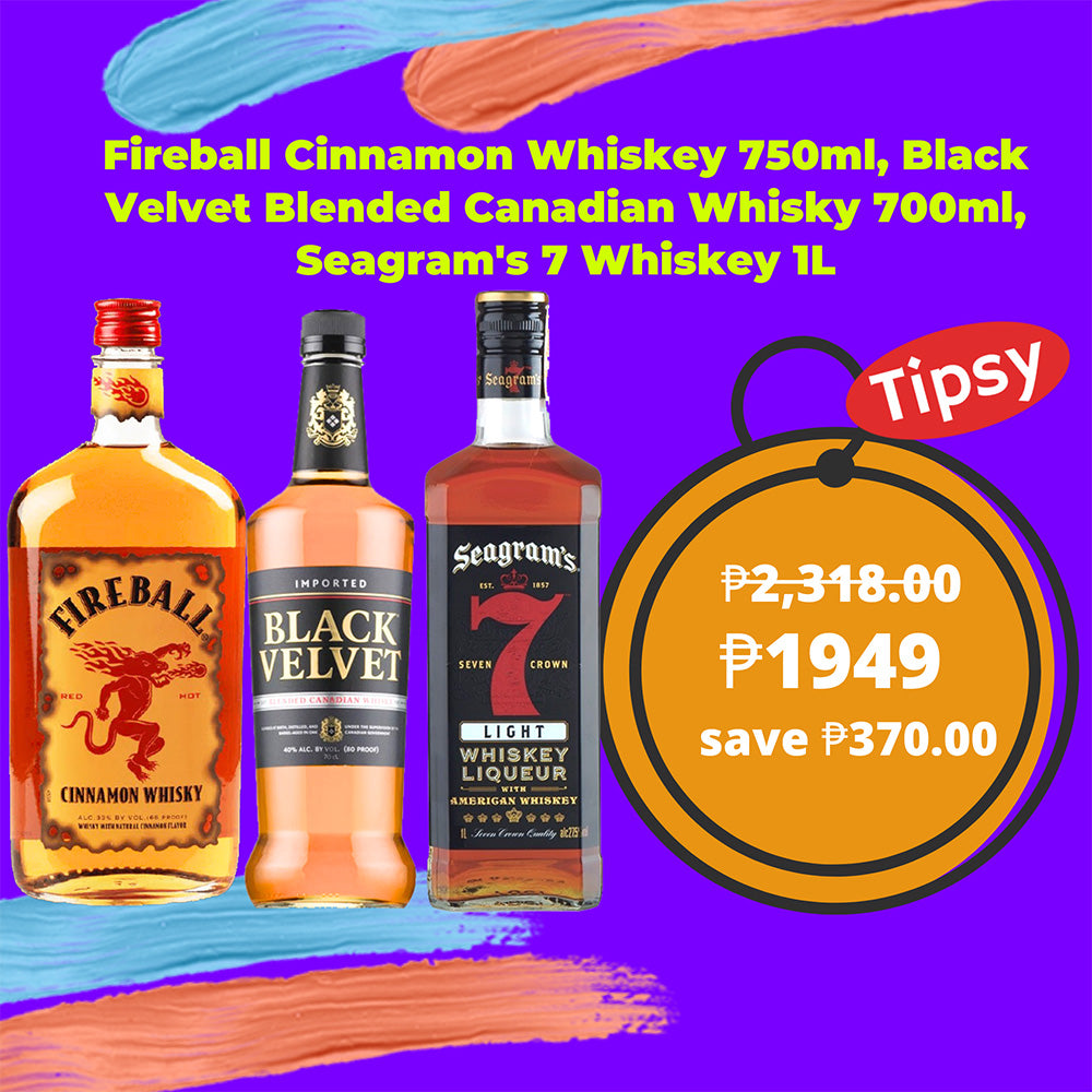 Fireball Cinnamon Whiskey 750ml, Black Velvet Blended Canadian Whisky 700ml, Seagram's 7 Whiskey 1L