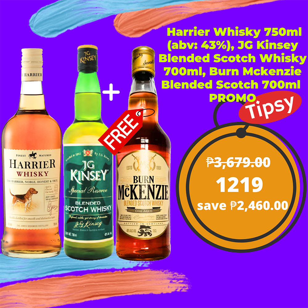 Harrier Whisky 750ml (abv: 43%), JG Kinsey Blended Scotch Whisky 700ml, Burn Mckenzie Blended Scotch 700ml PROMO