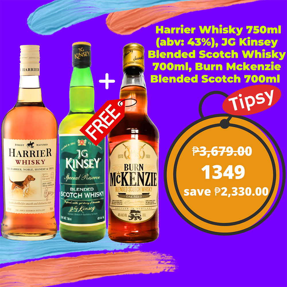 Harrier Whisky 750ml (abv: 43%), JG Kinsey Blended Scotch Whisky 700ml, Burn Mckenzie Blended Scotch 700ml