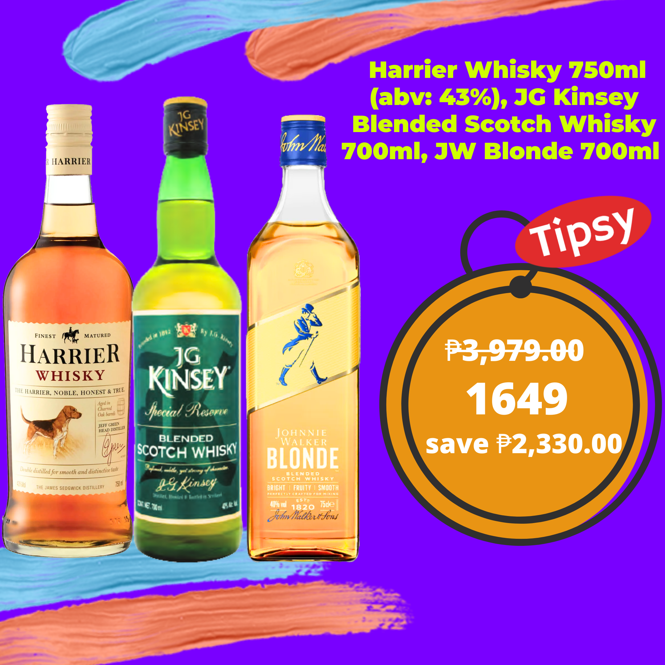 Harrier Whisky 750ml (abv: 43%), JG Kinsey Blended Scotch Whisky 700ml, JW Blonde 700ml