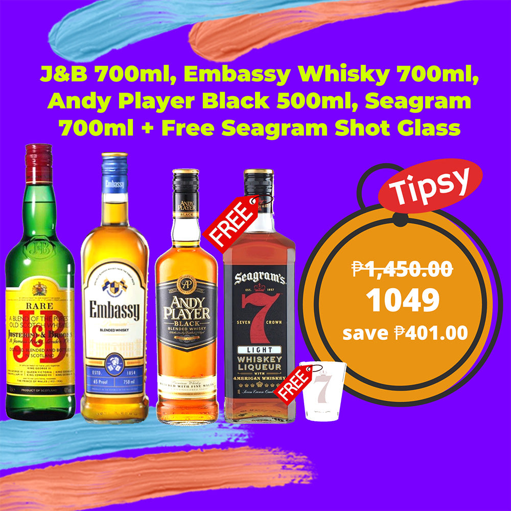 J&B 700ml, Embassy Whisky 700ml, Andy Player Black 500ml, Seagram 700ml + Free Seagram Shot Glass