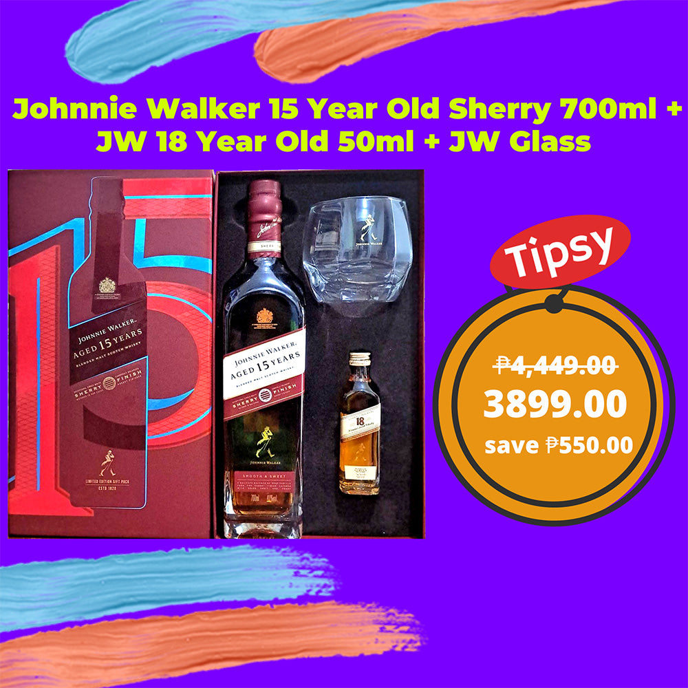 Johnnie Walker 15 Year Old Sherry 700ml + JW 18 Year Old 50ml + JW Glass